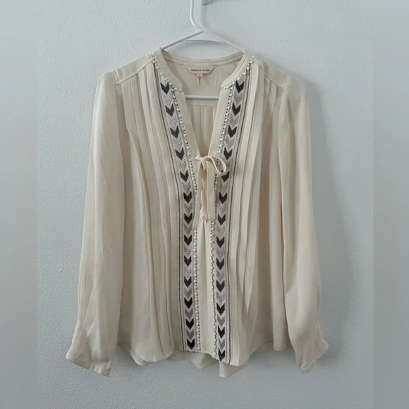 Rebecca Taylor Embroidered Chevron Silk Top Lace Up Neck Long Sleeve Sz 0 *FLAW - Picture 1 of 13